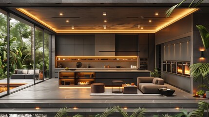 Wall Mural - A modern kitchen with a fireplace and a living room with a couch