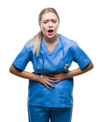 Sticker - Young blonde surgeon doctor woman over isolated background with hand on stomach because indigestion, painful illness feeling unwell. Ache concept.