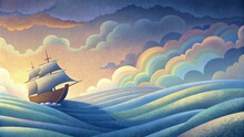 A Ship Sailing Through A Rough And Stormy Sea Is Suddenly Greeted By A Rainbow In The Horizon. The Crew Who Had Been Fearful And Uncertain Start
