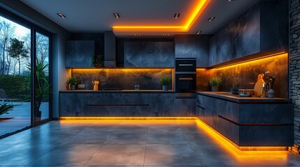 Wall Mural - A kitchen with a black countertop and a black oven