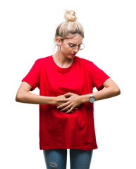 Sticker - Young beautiful blonde woman wearing red t-shirt and glasses over isolated background with hand on stomach because indigestion, painful illness feeling unwell. Ache concept.