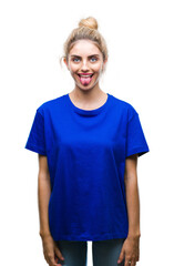 Sticker - Young beautiful blonde and blue eyes woman wearing blue t-shirt over isolated background sticking tongue out happy with funny expression. Emotion concept.