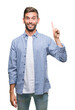 © Krakenimages.com - Young handsome man wearing white t-shirt over isolated background showing and pointing up with finger number one while smiling confident and happy.