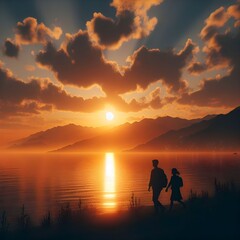 Wall Mural - A lovely couple with a black silhouette walking through this pretty place in the evening sunset, I live in love. Generative AI