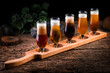 set of 5 beers in glasses for pub, rustic style