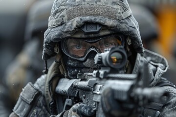 Canvas Print - Unrecognizable soldier clad in rain-soaked military gear holding a rifle