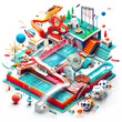 A colorful illustration of a water park with a slide and a pool. Generated by AI