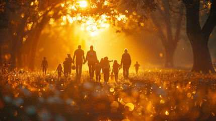community large family in the park. a large group of people holding hands walking silhouette on nature sunset in the park. big family kid dream concept. people in the park. large sunlight family.