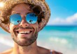 Smiling Man with Sunglasses at Tropical Beach Vacation, Close-up Portrait
