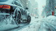 closeup of a drifting car on a snow covered road in winter