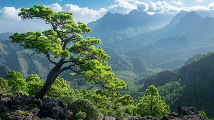 Poster - A tree on rugged mountain with valley backdrop