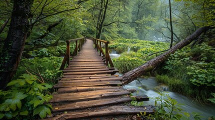 Wall Mural - Wooden bridge over stream in forest