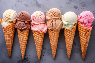 Wall Mural - Assortment of ice cream in cones on a gray background