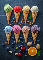 Wall Mural - Colorful ice cream cones with fruits and nuts on a dark background.