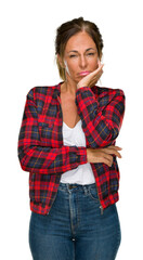 Wall Mural - Middle age adult woman wearing casual jacket over isolated background thinking looking tired and bored with depression problems with crossed arms.