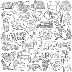 Wall Mural - Great Smoky Mountains Doodle Icons Black and White Line Art. National Park Clipart Hand Drawn Symbol Design.