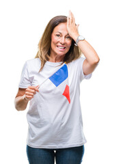 Sticker - Middle age hispanic woman holding flag of France over isolated background stressed with hand on head, shocked with shame and surprise face, angry and frustrated. Fear and upset for mistake.