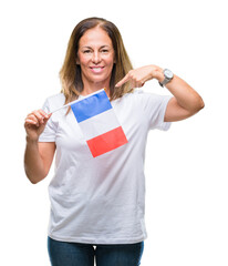 Sticker - Middle age hispanic woman holding flag of France over isolated background with surprise face pointing finger to himself