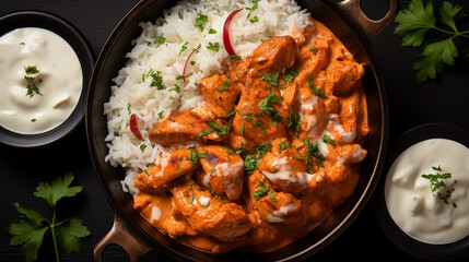 Wall Mural - wide top view background food image, butter masala chicken and boiled white rice, Indian traditional food recipe banner image in black color table