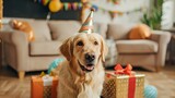 Fototapeta Sport - dog with party hat and birthday gifts at home generative ai