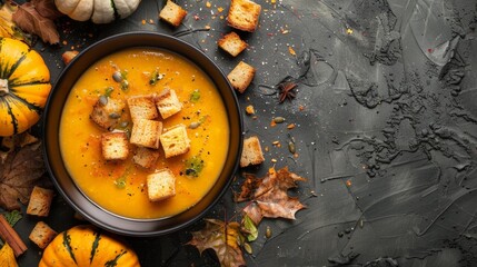 Sticker - Bowl of soup with croutons and pumpkins on table