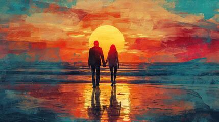 Wall Mural - A couple in love walks on the beach into the sunset