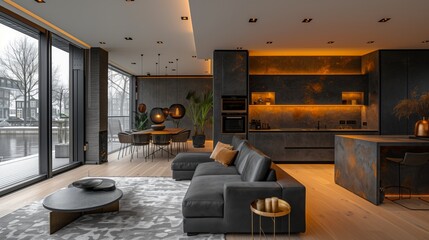 Wall Mural - A modern living room with a large black couch and a coffee table