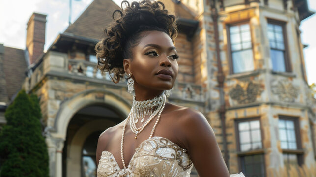 A confident black woman with her hair piled high and adorned with pearls stands in front of mansion. She wears a floor length embroidered dress with a corset .