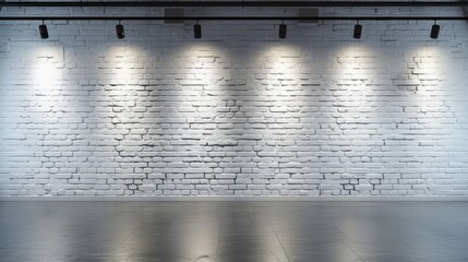 Interior of an art gallery featuring a white brick wall illuminated by spotlights. Copy space.