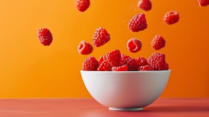 Wall Mural - raspberries falling into bowl generative ai