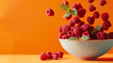 Wall Mural - raspberries falling into bowl generative ai