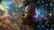 A breathtaking portrait captures a black woman in a moment of quiet introspection her eyes closed and her face tilted upwards towards a stunning nebula. The intricate detailing of .