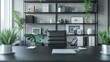 An office with a matte black desk and shelves contrasted with white walls and other office furniture. The matte black finish adds a touch of elegance and professionalism to the space .