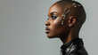 © Justlight - A young black woman with a shaved head adorned with intricate hair jewelry and wearing a fitted leather jumpsuit. The contrast of her smooth bald head with the embellished accessories .