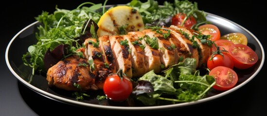 Wall Mural - Grilled chicken fillet with fresh salad on black background, closeup