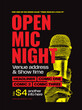 © whoopwhoops - Open mic night or stand up comedy show poster or flyer or banner design template with hand holding opened microphone on black background. Vector illustration