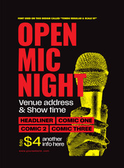 Open mic night or stand up comedy show poster or flyer or banner design template with hand holding opened microphone on black background. Vector illustration