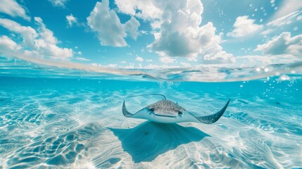 The stingray swims in the blue ocean generative ai