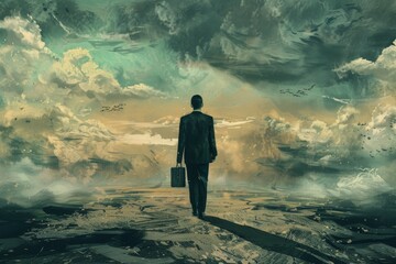 Canvas Print - A man is walking on a desert with a briefcase in his hand. Business concept