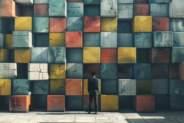 Wall Mural - A man stands in front of a wall made of colorful blocks