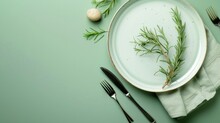 Plates, Cutlery, Napkins And Rosemary On Green Background Generative Ai