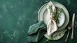 Plates, cutlery, napkins and rosemary on green background generative ai