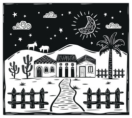 Canvas Print - Village of farm houses in the interior of the country. Woodcut in the cordel style of northeastern Brazil. Vector illustration.eps