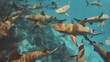 Swimming with many sharks in the tropical blue ocean. generative ai