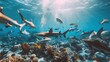 Swimming with many sharks in the tropical blue ocean. generative ai