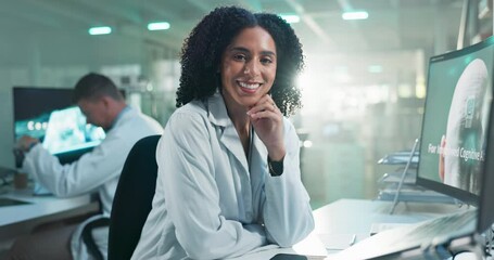 Wall Mural - Science, woman and face or smile in laboratory with computer for brain chips development and neural medical research. Scientist, expert and technology and happy for cognitive healthcare and knowledge