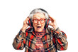 © Pajaros Volando - Caucasian funny granny enjoying listening to music with wireless headphones over white transparent background