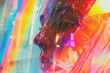 Abstract portrait of a person with vibrant neon colors and light refractions creating a futuristic, cyberpunk aesthetic.


