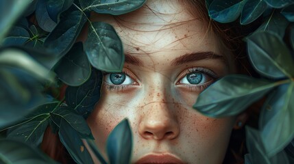 Sticker - Woman with blue eyes and green leaves around her. generative ai