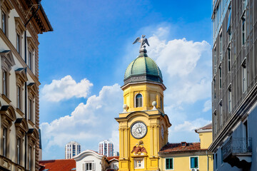 Wall Mural - View to the Two-headed clock tower in Rieka, Croatia